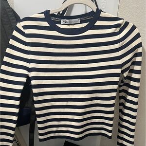 Zara Striped Navy and Cream Long Sleeve Top